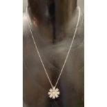 Good white metal, possibly platinum diamond set flower pendant upon 18ct white gold fine chain,
