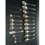 Bag of various George III and later silver spoons including a pair of sugar tongs, weight 13.25oz