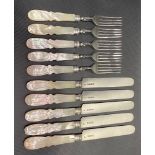 Victorian silver fruit knife and fork set for five with mother of pearl handles, maker George Angel,