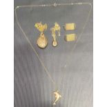 Three 9ct gold pendant necklaces, one a locket; together with a pair of silver earrings converted