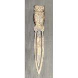 925 white metal owl bookmark, stamped 925, length 9cm, weight 9.6g approx.