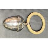 George V silver acorn shaped rattle with ring teether, Birmingham 1924.