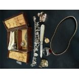 A box of costume jewellery including a 19th Century gold plated seal, silver blade mother of pearl