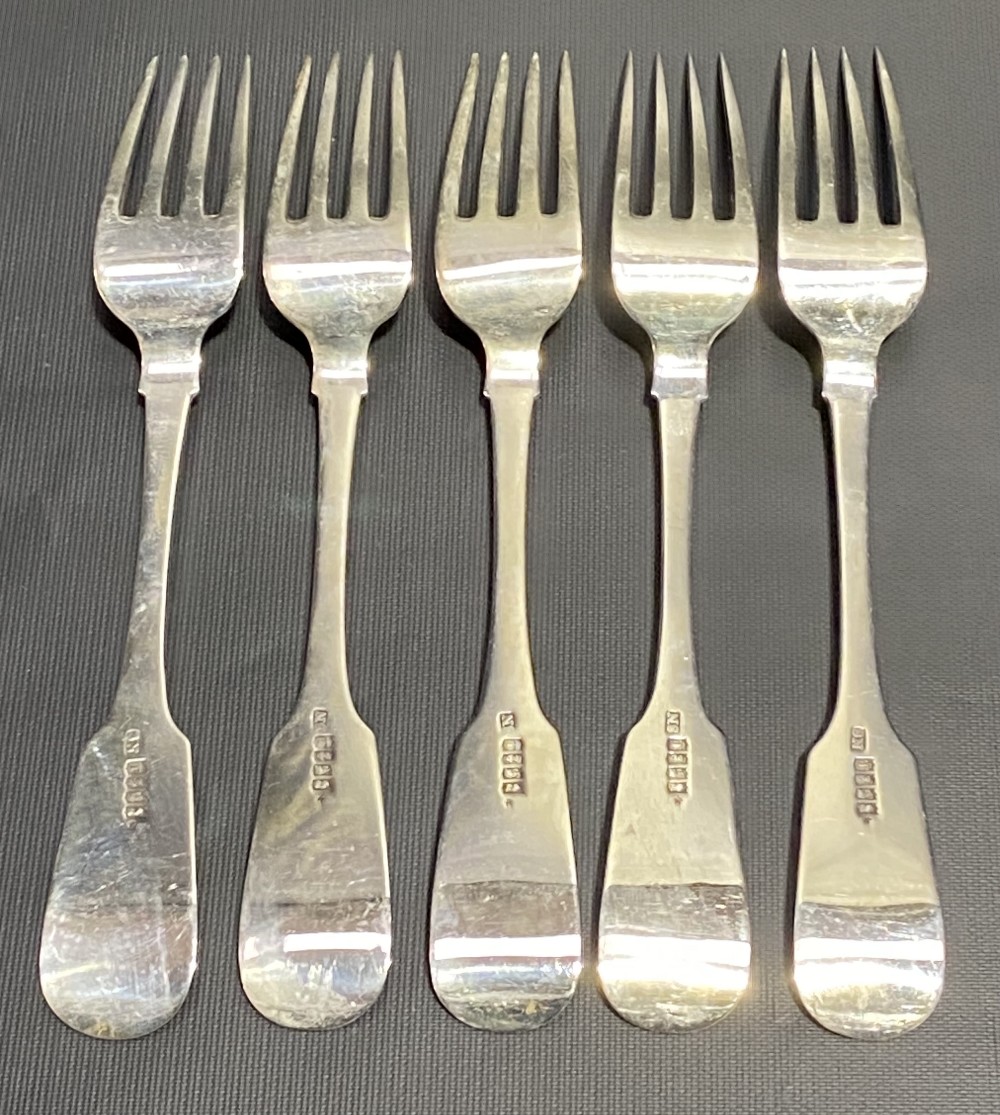 George III Irish silver set of five fiddle pattern table forks by Samuel Neville, Dublin 1815, - Image 2 of 2