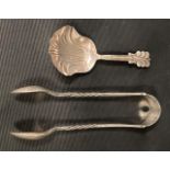 Victorian silver caddy spoon with shell bowl, maker H & T, Birmingham 1883; together with a pair