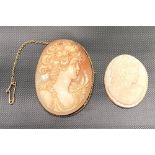 9ct hallmarked mounted oval shell cameo, carved with a profile of a woman, 48mm x 36mm; together