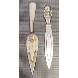 Modern silver trowel book marker with mother of pearl handle; together with another book marker with