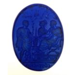 Cobalt blue glass large oval intaglio Tassie 'gem', engraved with three classical Roman figures