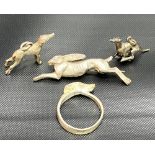 Harriet Glen silver leaping hare brooch; together with two Harriet Glen silver greyhound charms