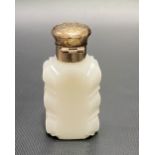 19th Century white opaque glass scent bottle with gold foliate engraved hinged lid, height 78mm