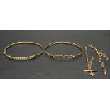 Two 9ct gold bangles together with a 9ct gold bracelet (one bangle and bracelet broken), weight 11.