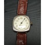 Silver lug trench wristwatch, the 25mm dial with luminous Arabic Numerals and subsidiary seconds