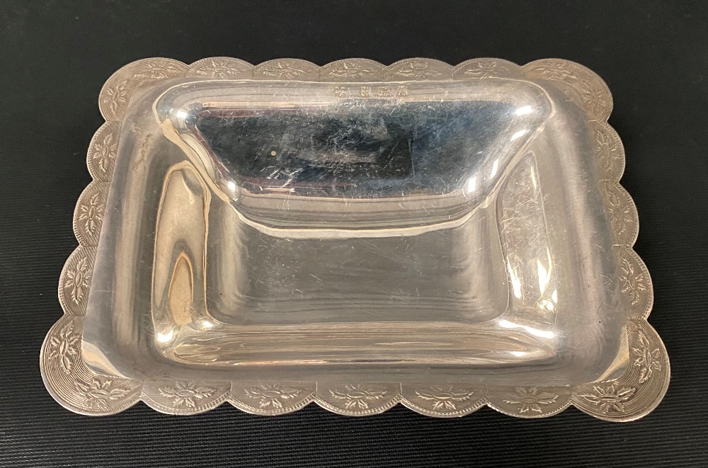Modern silver rectangular pedestal dish with flower head and engine turned lobed edge, maker - Image 3 of 3
