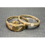 9ct hallmarked gold small diamond set band ring; together with a 9ct hallmarked gold Claddagh