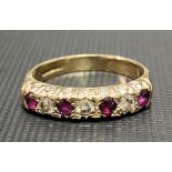 9ct hallmarked gold diamond and ruby half eternity ring set with seven stones, the three diamonds of