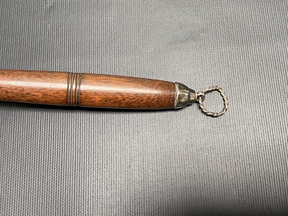 George III silver toasting fork with long turned wood handle and with silver finial with loop, - Image 2 of 5