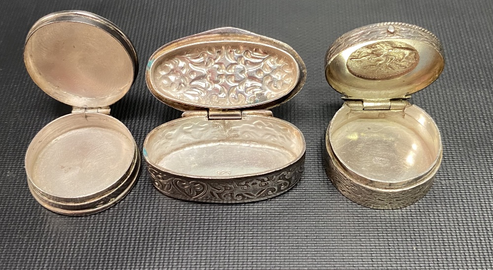 Three white metal pill boxes, each stamped 925; together with a pair of silver hallmarked sugar - Image 5 of 5