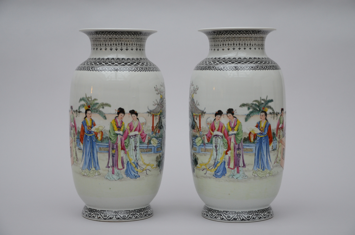 A pair of vases in Chinese porcelain 'elegant company', marked (41cm)