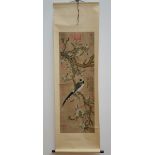 Chinese scroll 'bird on a branch' with red seals (44x128cm)