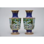A pair of hexagonal cloisonné vases 'decor of birds' (32cm)