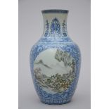 A vase in Chinese famille rose porcelain on a blue and white ground 'sage in a landscape' (*) (