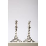 Two silver candlesticks with the crest of the Saint George guild by Duprez, Ghent 1787 (26cm)