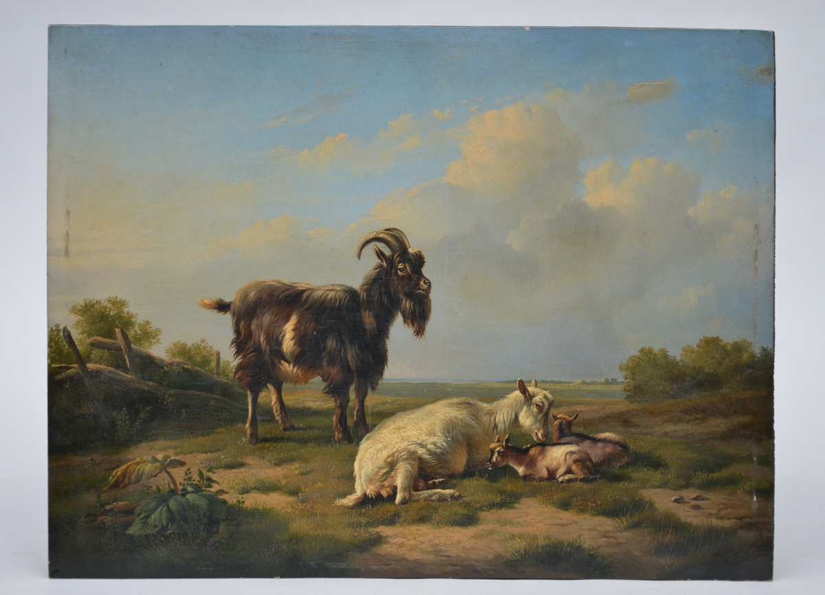Pierre Dielman: painting (o/p) 'goats in a field', 1849 (43x33cm)