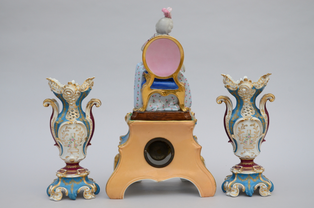 A three-piece porcelain clock set 'lady on a throne' (*) (56cm) - Image 2 of 3