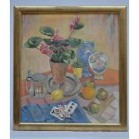 Jane Carion: painting (o/c) 'still life with playing cards' (73x82cm)