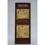Chinese panel with two plaques in porcelain 'landscapes' (35x96cm)