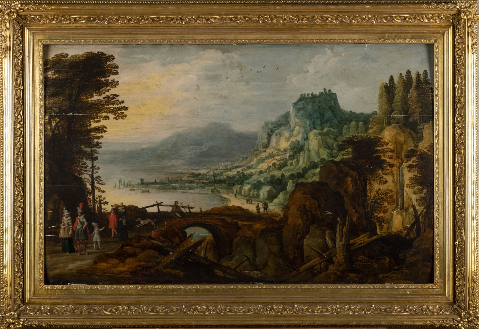 Anonymous (17th century): painting (o/p) 'company in landscape' (*) (102x62cm)