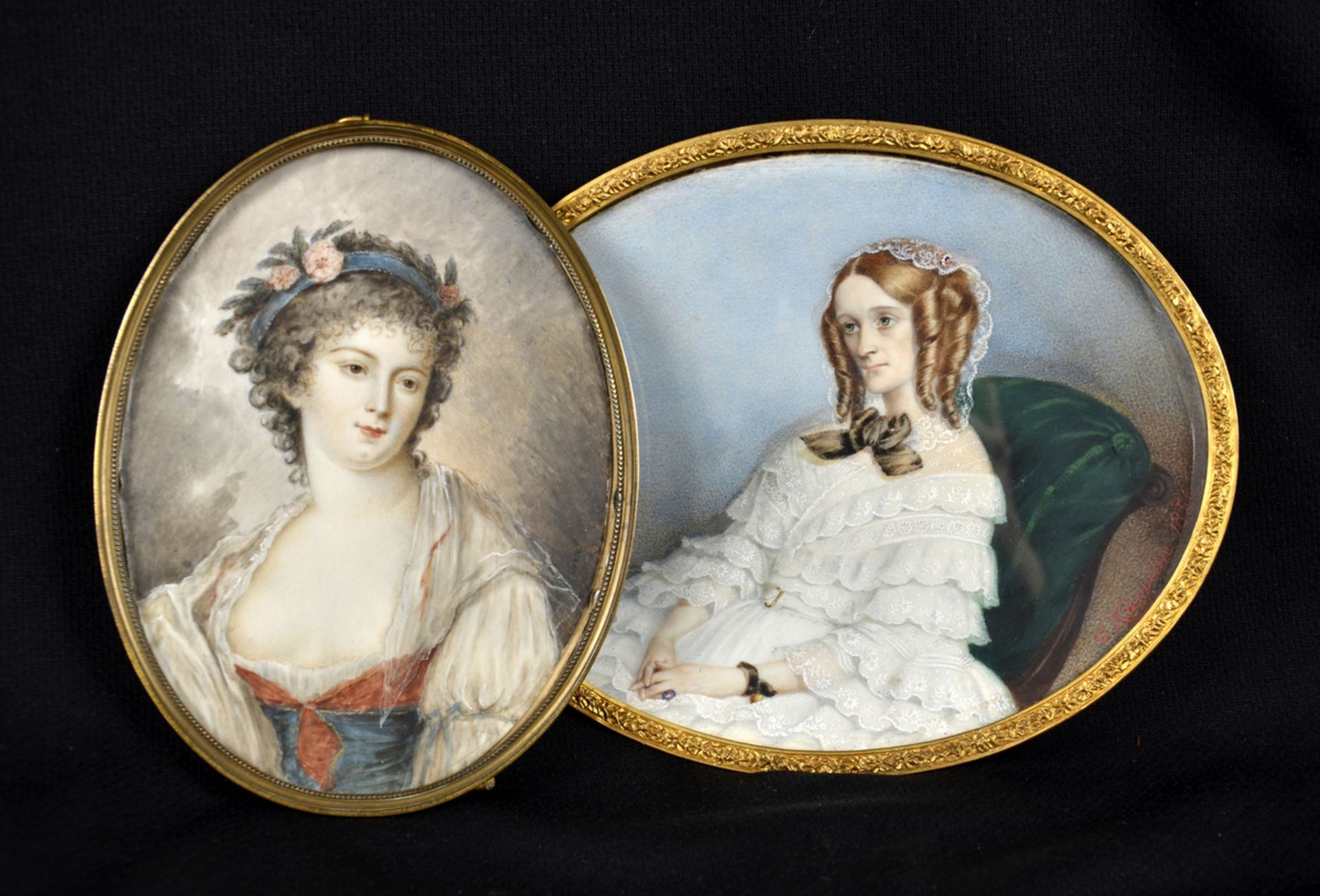 Lot: two miniature portraits ' ladies' one signed Kaeppelin 1856 (*)