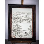 Chinese plaque in porcelain with encre de Chine decoration 'landscape', marked (25x39cm)