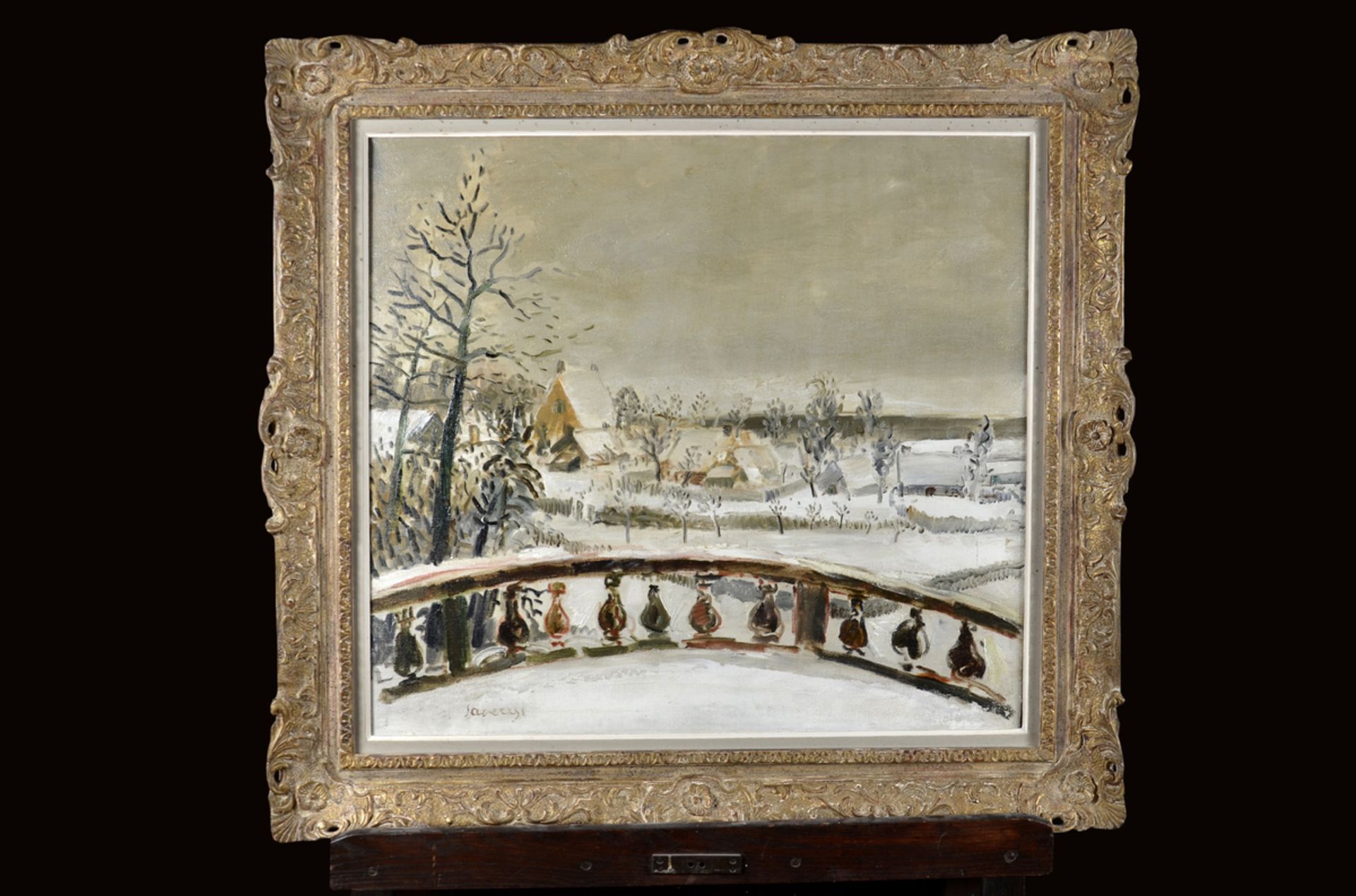 Albert Saverys: painting (o/c) 'terrace in winter' (70x64cm)