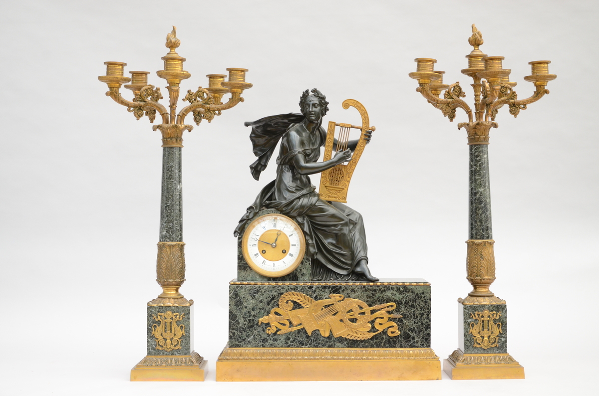 Three-piece clock set in bronze and marble by Van Crombrugghe ‡ Gand, Empire style