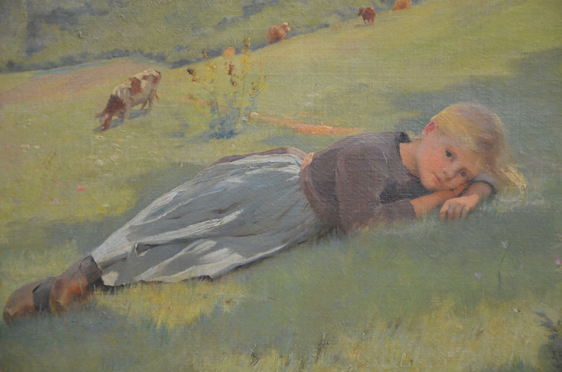 Pierre AndrÈ Brouillet: painting (o/c) 'girl in the meadow' (61x38cm) - Image 2 of 4
