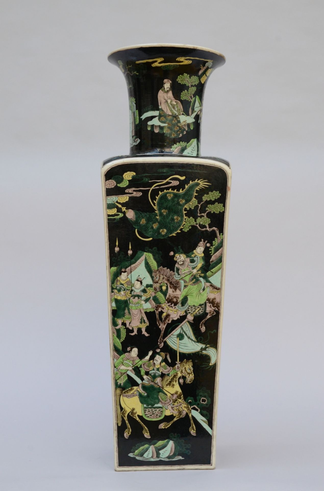 Imposing square vase in Chinese famille noire porcelain 'scene with emperor' (*) (83cm) - Image 6 of 9