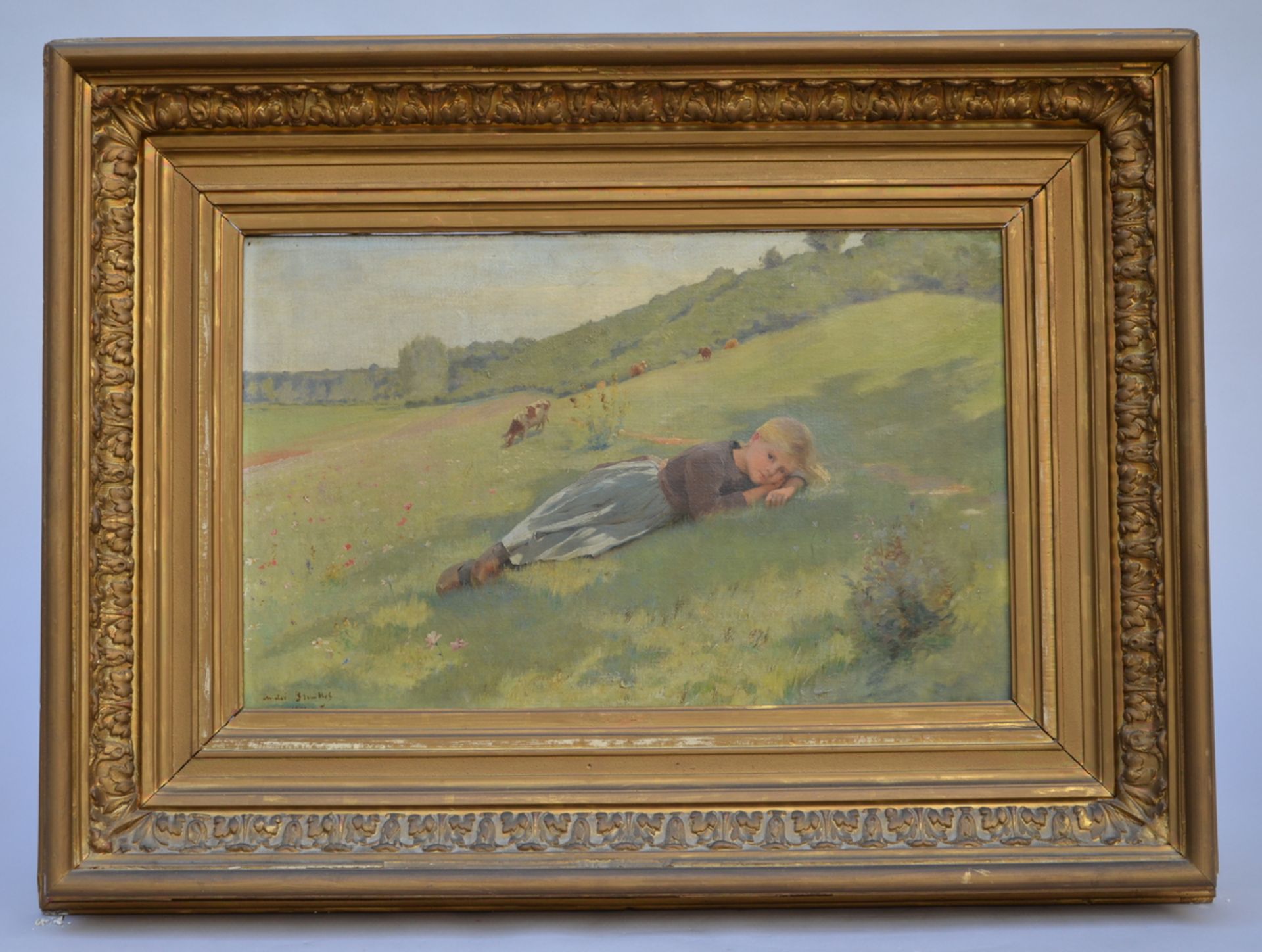 Pierre AndrÈ Brouillet: painting (o/c) 'girl in the meadow' (61x38cm)