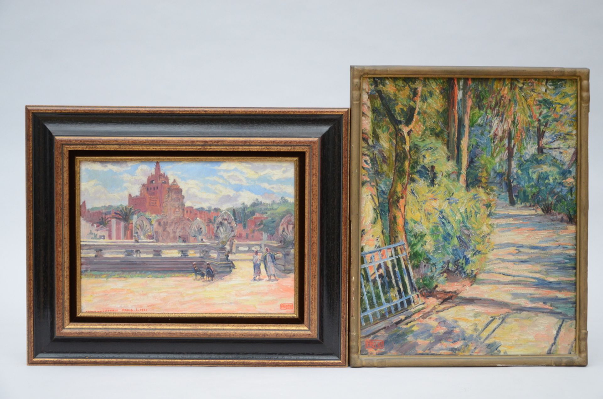 Francois Pycke: 2 paintings (o/p) 'colonial exhibition' and 'forest' (33x24cm)