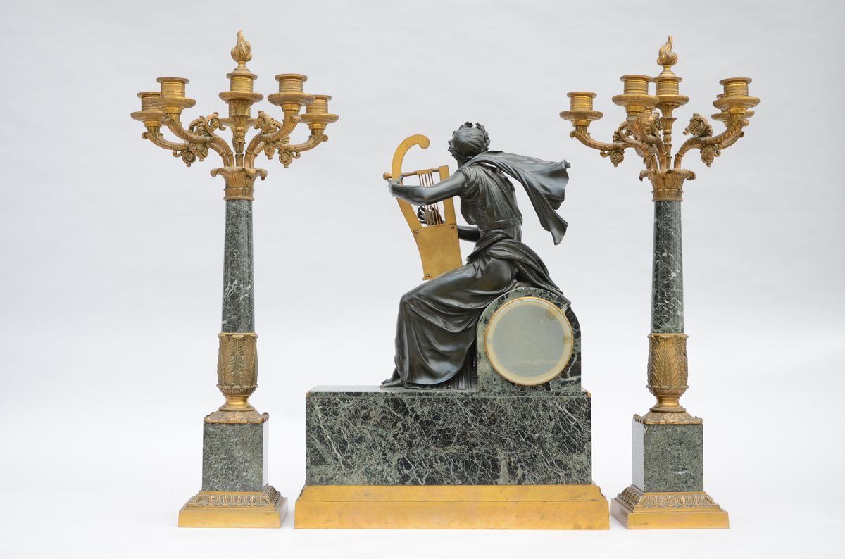 Three-piece clock set in bronze and marble by Van Crombrugghe ‡ Gand, Empire style - Image 2 of 5