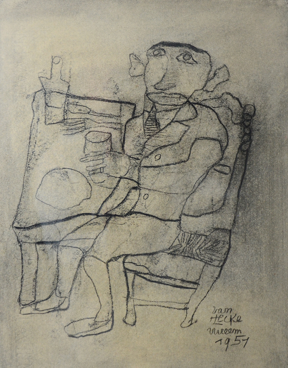 W. Van Hecke (1951): drawing 'man at the table' (40x50cm)