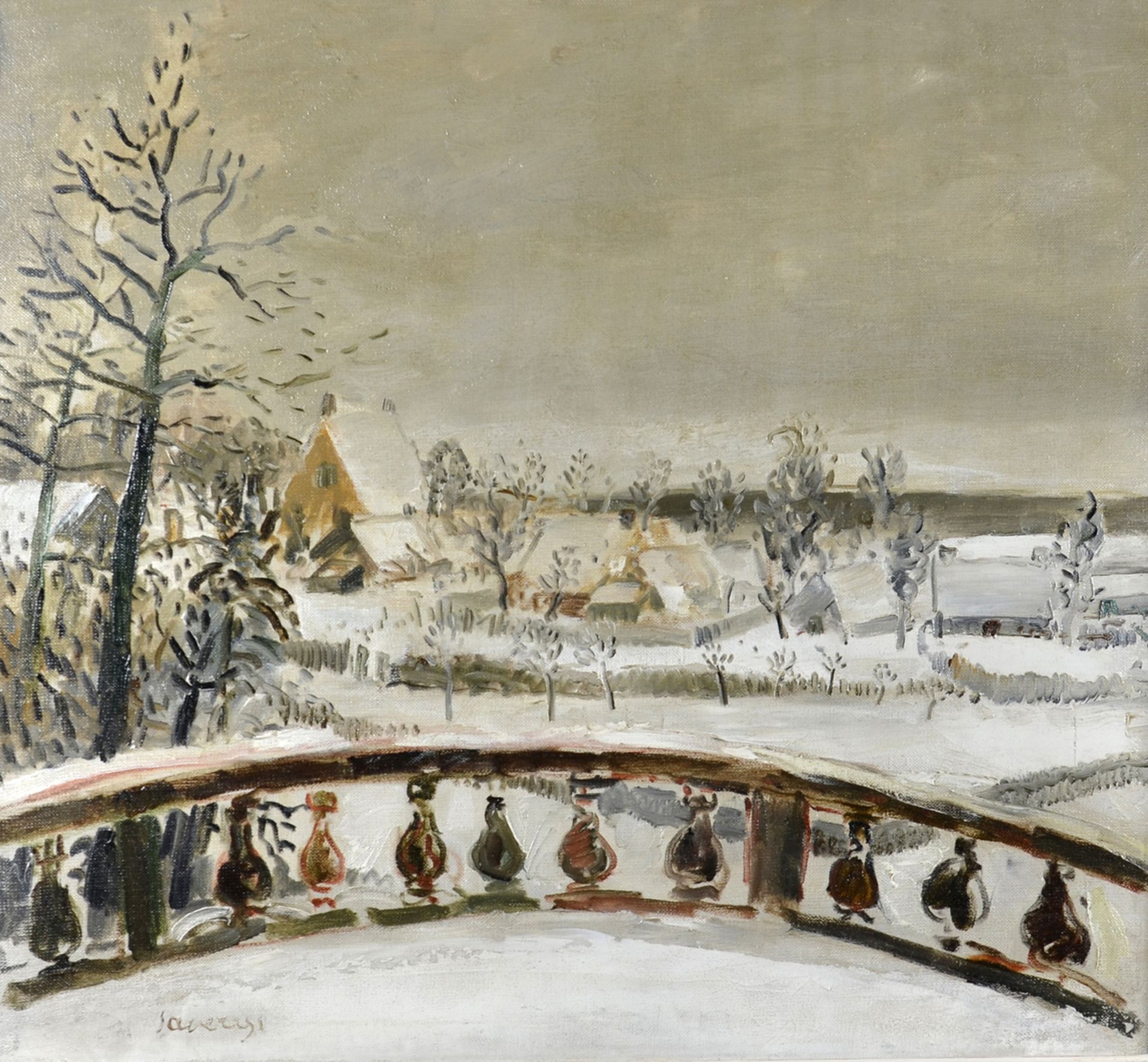 Albert Saverys: painting (o/c) 'terrace in winter' (70x64cm) - Image 2 of 2