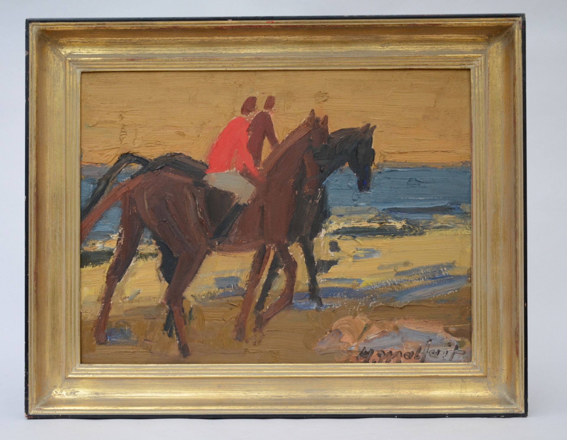 Hubert Malfait: painting (o/p) 'two horsemen' (61x46cm)