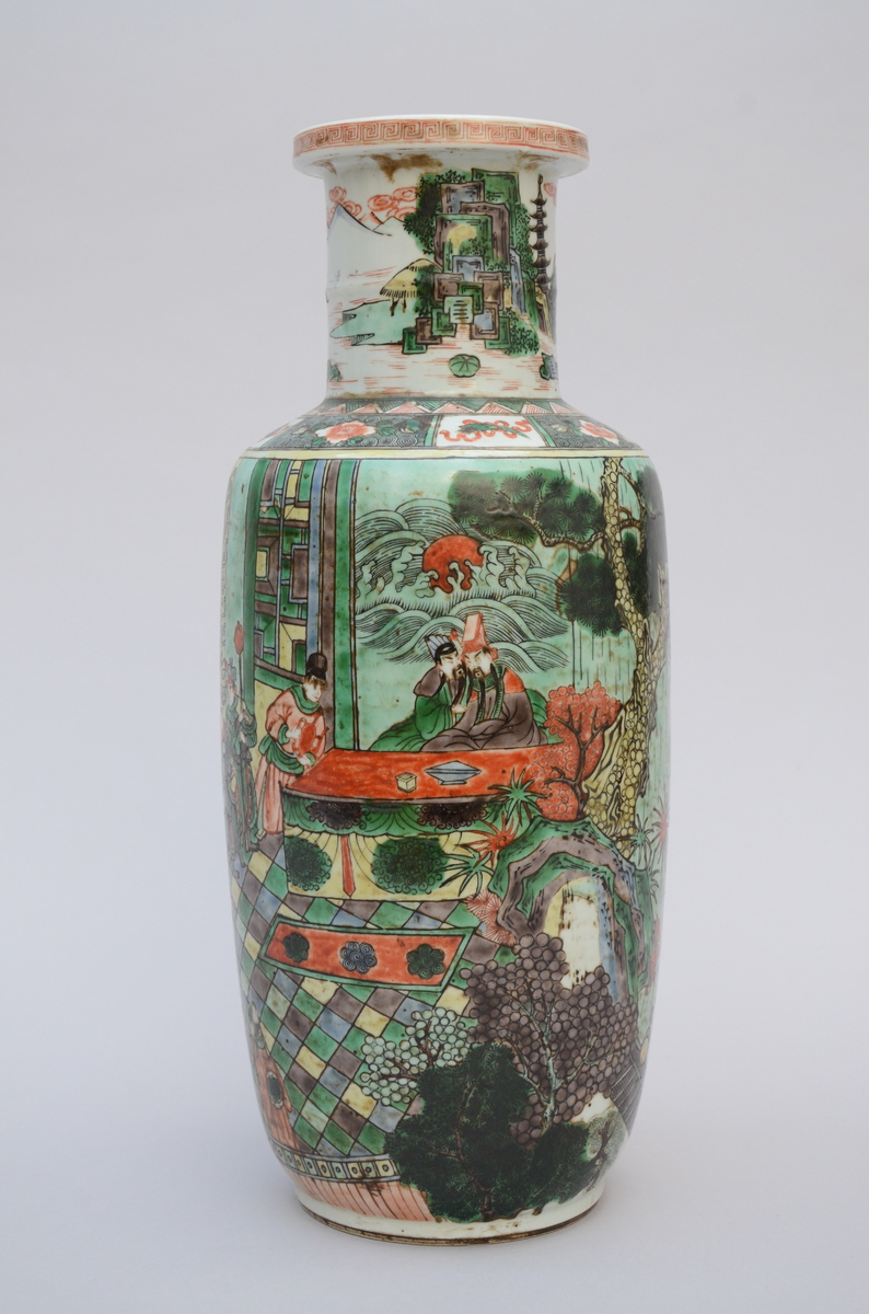 Rouleau vase in Chinese famille verte porcelain 'court scene' (47cm)