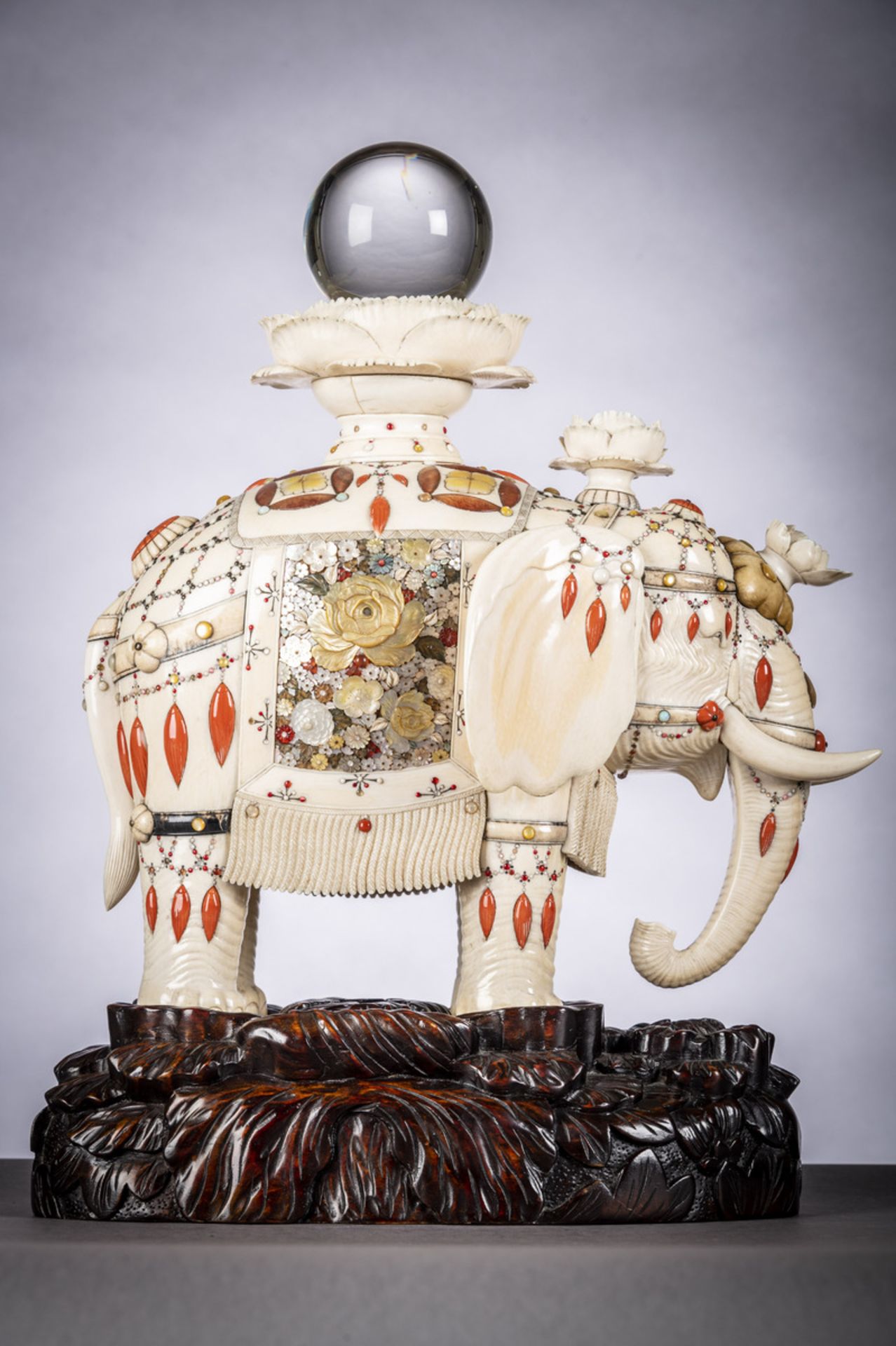 Exceptional Shibayama elephant in ivory, mother of pearl and coral, Japan Meiji period (marked) (