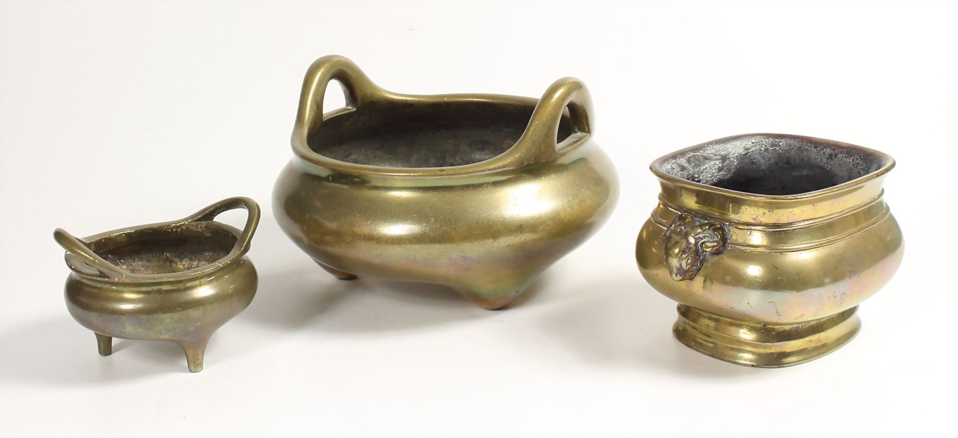 3 Chinese brass jars, first half of the 20th century, down below at bottom cast trademarks, small