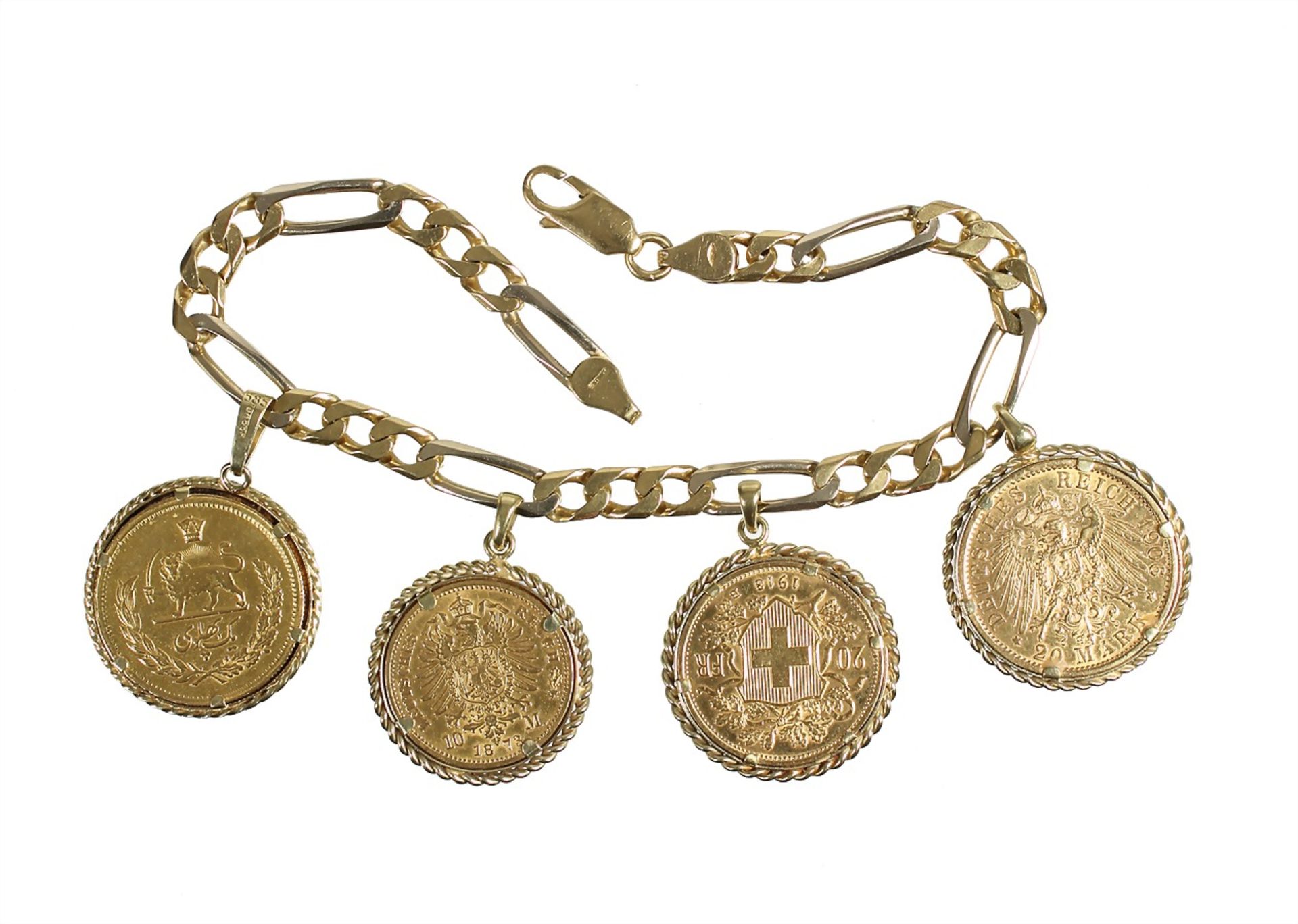 coin bracelet, yelow gold 750/000, various gold coins, 1 Vreneli 1913, 10 Mark, Deutsches Reich - Bild 2 aus 2