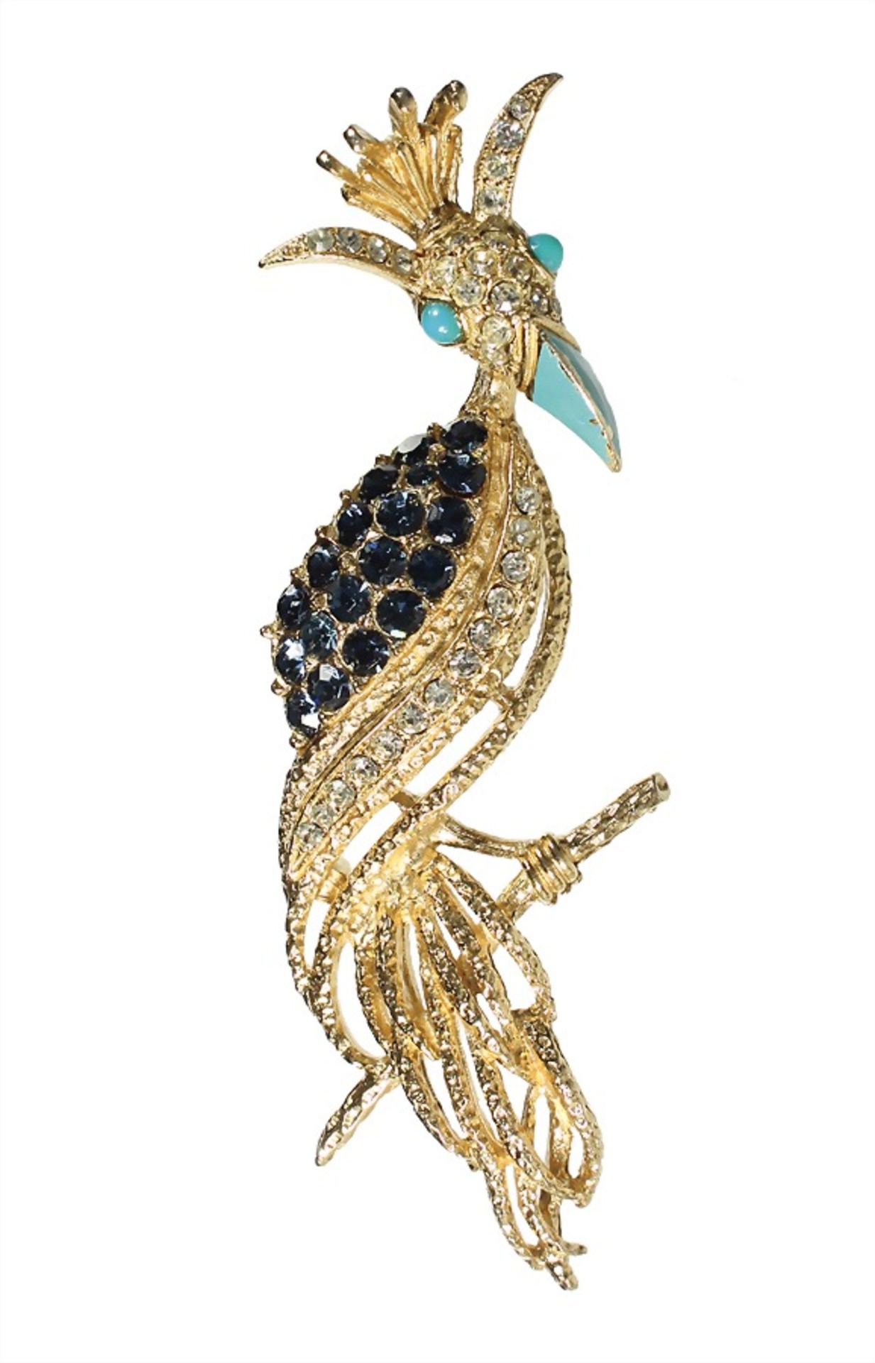 brooch, bird, gold colored, signed FLORENZA (USA), set with white and blue stones, enamel coating,