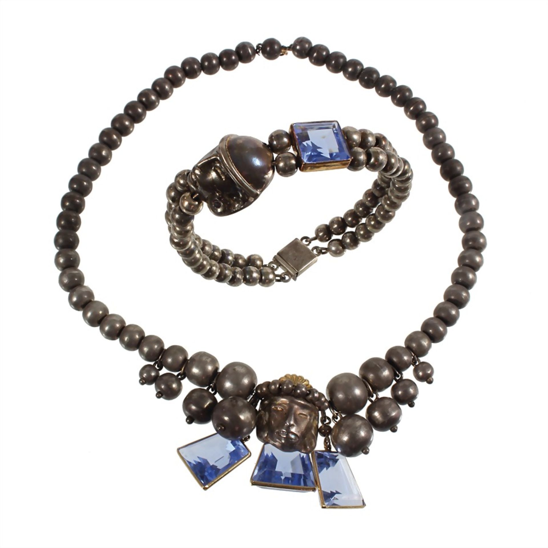 lot: silver jewelry Italy, silver 925/000 with ancient heads, 1 bracelet two-strand, blue faceted