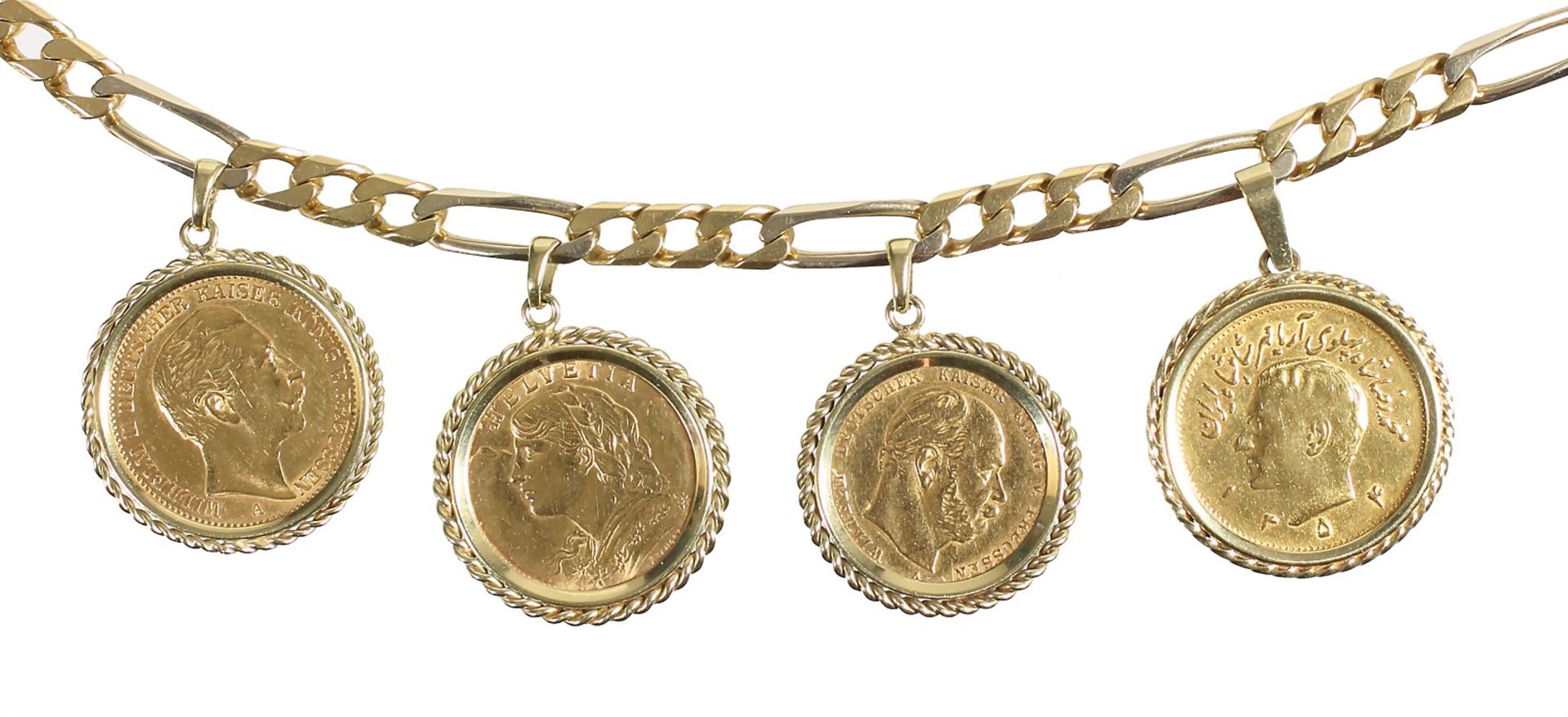 coin bracelet, yelow gold 750/000, various gold coins, 1 Vreneli 1913, 10 Mark, Deutsches Reich